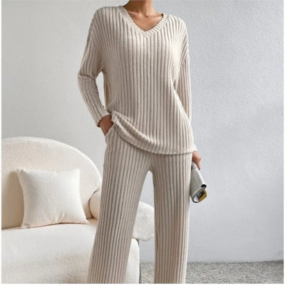 Ribbed V-Neck Two-Piece Set