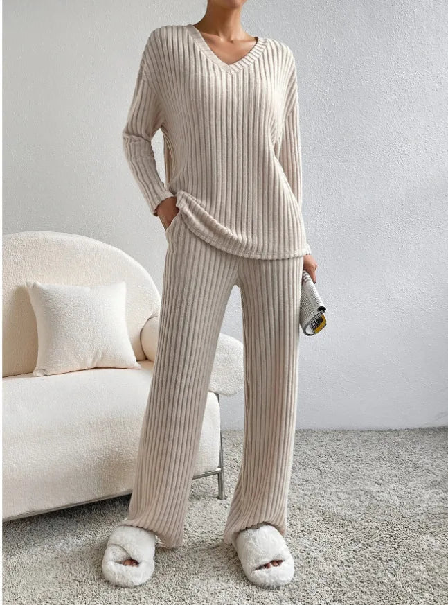 Ribbed V-Neck Two-Piece Set