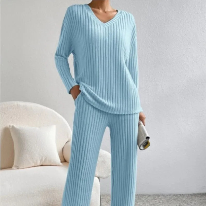 Ribbed V-Neck Two-Piece Set