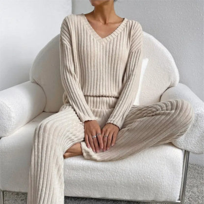 Ribbed V-Neck Two-Piece Set